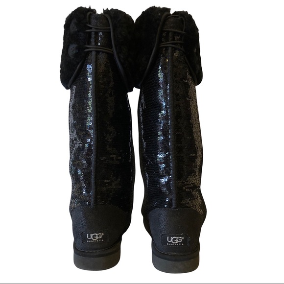 UGG Size 5 OVER the Knee Sparkle Sequins Black Bailey Button Boots Fur 3173. - Picture 4 of 12